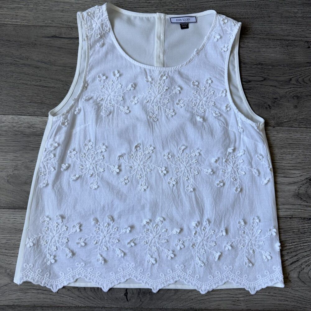 Eden Society | White Floral Embroidered Eyelet Sleeveless Blouse - Size Medium
